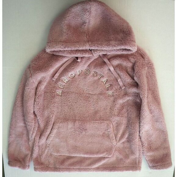 Aeropostale Women's Sz L Pink Sherpa Fleece Embroidered Logo Pullover Hoodie - Picture 6 of 7